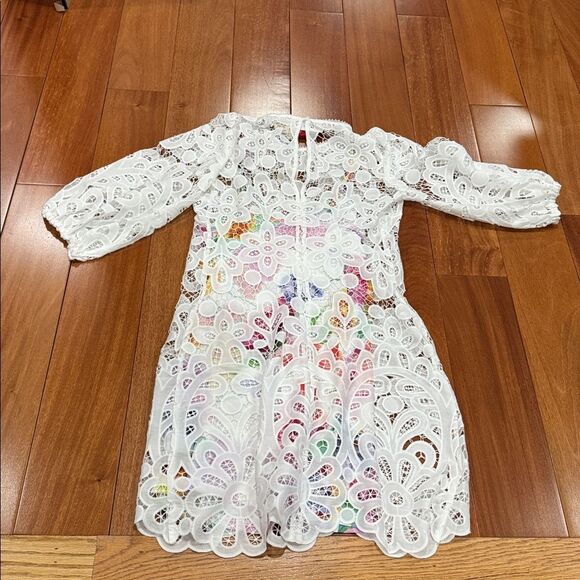 NWT Johnny Was Lisette Lace White Lace Mini Dress with Multicolor Lining size XS - Picture 11 of 12